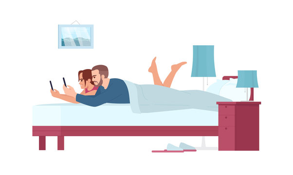 Couple in bed with smartphones side view semi flat RGB color vector illustration. Morning with cell phones. Young family addicted to gadgets lying under blanket isolated cartoon character on white