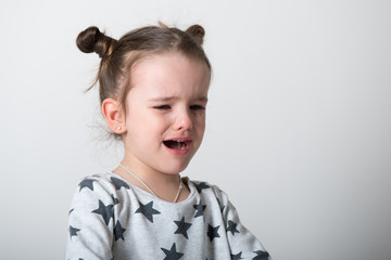 Crying little girl. Upset kid. Sad kid portrait. Cute little girl crying and does not want to go in bed at night