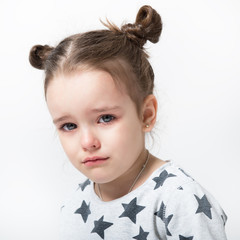 Crying little girl. Upset kid. Sad kid portrait. Cute little girl crying and does not want to go in bed at night