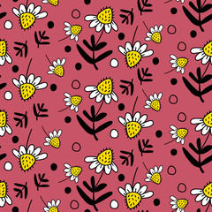 White chamomile daisy with leaves and dots. Floral Vector seamless pattern on red background. Design for gift wrap, wall art, cover, fabric, interior decor. Simple surface pattern design. 