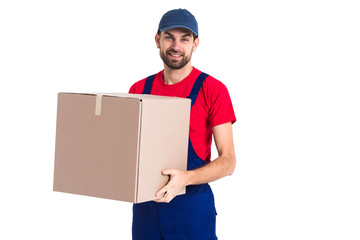 Hard worker courier man holding a big box