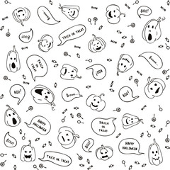 Seamless Halloween Doodle pattern with pumpkins, lollipops, inscriptions on transparent background. Halloween background. Print for wrapping paper, textiles, wallpaper.