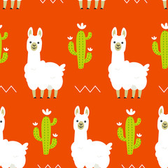 Cartoon vector llama alpaca flat style red seampless pattern