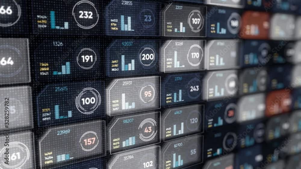 Poster digital display with colorful rows of small same size microchips with numbers and moving lines on bl