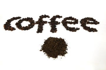 The coffee beans are arranged in alphabetical order and the coffee powder is on a white background.