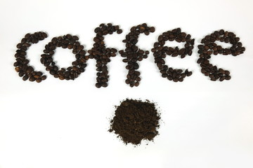 The coffee beans are arranged in alphabetical order and the coffee powder is on a white background.