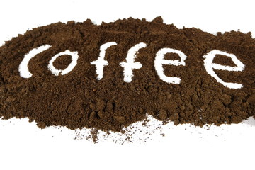 The coffee beans are arranged in alphabetical order and the coffee powder is on a white background.