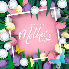 Happy Mother's day card, flower paper cut with butterfly on pink background, vector illustration.