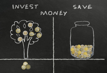 Invest or save the drawing drawn on the blackboard with chalk and coins.