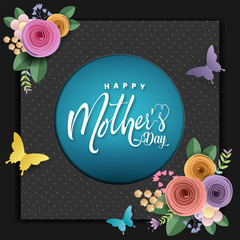 Happy Mother's day card, flower paper cut with butterfly on black background, vector illustration.