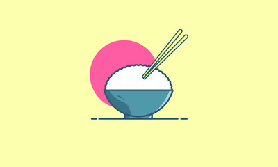 Rice Bowl Vector Icon Illustration. Chopstick Vector. Flat Cartoon Style Suitable for Web Landing Page, Banner, Flyer, Sticker, Wallpaper, Background