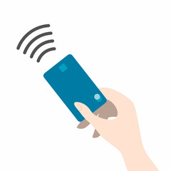 Hand with card and logo contactless wireless payment sign. Illustration of NFC technology.