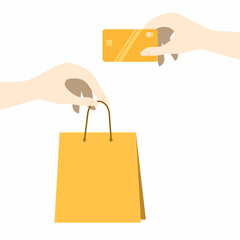 The concept of online shopping, electronic payment by credit card. A hand with a package and a hand with a card in a flat style.