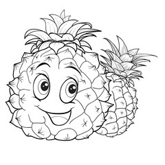 pineapple character with big eyes, outline drawing, for coloring, isolated object on a white background,