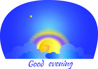 Times of Day evening sun yawns with  clouds vector image in cartoon style with star with text