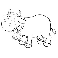 cow with a big bell on his neck for coloring, outline drawing, isolated object on a white background,
