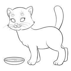 cat is standing next to a bowl, for coloring, isolated object on a white background, outline drawing,