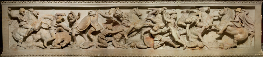 Great Alexander's Sarcophagus in Istanbul Archaeology Museum, Turkey . Panorama of several photos.