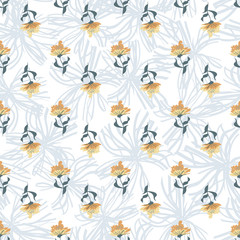 Rows of yellow flowers seamless vector patternon textured light background. Decorative feminine surface print design in pastel colors.