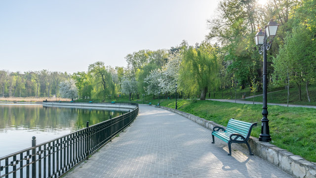 Valea Morilor park with Valea Morilor lake in Chisinau, Moldova on a sunny spring day. It is one of the most popular parks in Chisinau, Moldova