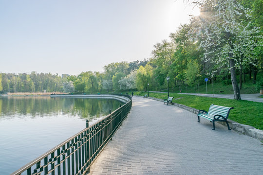 Valea Morilor park with Valea Morilor lake in Chisinau, Moldova on a sunny spring day. It is one of the most popular parks in Chisinau, Moldova