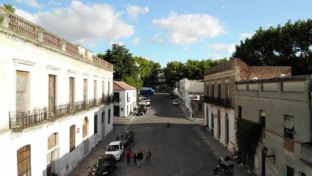 Aerial dolly in the street of historic city Colonia del Sacramento, Uruguay