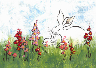 Zwei weiße Hasen in Blumenwiese Illustration