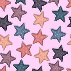 Fototapeta na wymiar Seamless pattern of multicolored starfish on pink background. Bright illustration in flat style. Marine and summer theme. Good for cover and cute print for kids clothes.