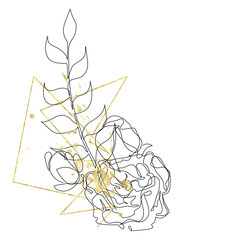 Hand drawn line art and gold texture flower, leaves and geometric shape arrangement. Isolated cherry blossom floral illustration on white background.