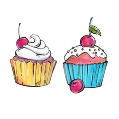 illustration with cakes, beautiful cakes with cream and berries