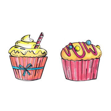 illustration with cakes, beautiful cakes with cream and berries