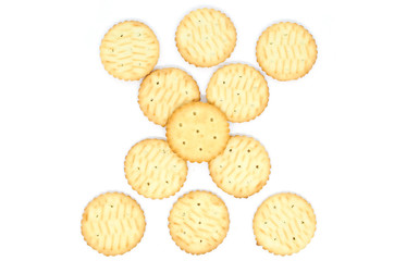several round cookies crackers isolated on white background