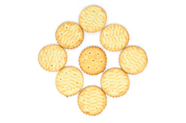 several round cookies crackers isolated on white background