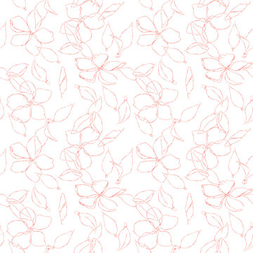 Pink gold texture one line art style seamless pattern. Cherry blossom flowers and leaves.