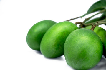 closeup of raw green mangoes