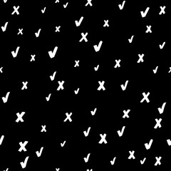 Fototapeta na wymiar Seamless pattern with cross and tick. White checkmark OK and X icons on black background. Abstract vector illustration. Design for web, textures, card, poster, fabric, textile. Symbols YES and NO.