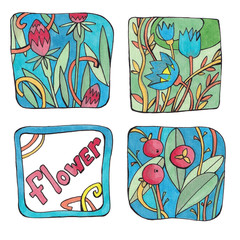 set of floral motifs in a square, watercolor illustrations with flowers and plants
