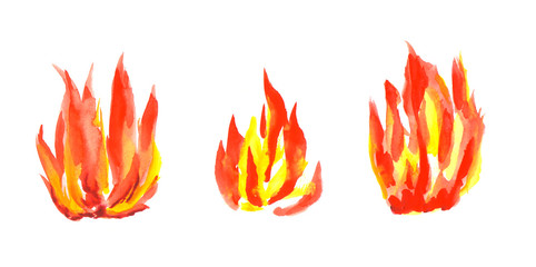 Watercolor fire set isolated on white background. Tongues of flame, template for text or lettering. Hand drawn yellow and orange aquarelle burning bonfire, campfire silhouette with sparks.