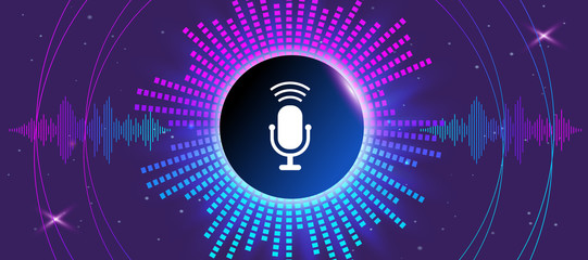 Musical banner with glowing equalizer on dark background. Voice recognition, icon microphone in center of the circle. vector Illustration.
