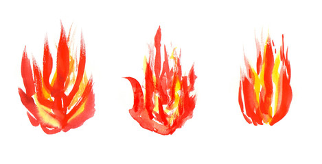 Watercolor fire set isolated on white background. Tongues of flame, template for text or lettering. Hand drawn yellow and orange aquarelle burning bonfire, campfire silhouette with sparks.