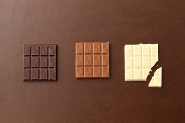 sweets, confectionery and food concept - milk, dark and white chocolate bars on brown background