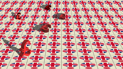 Large block of stamps with the flags of Great Britain and pound sterling signs with shadows EPS10