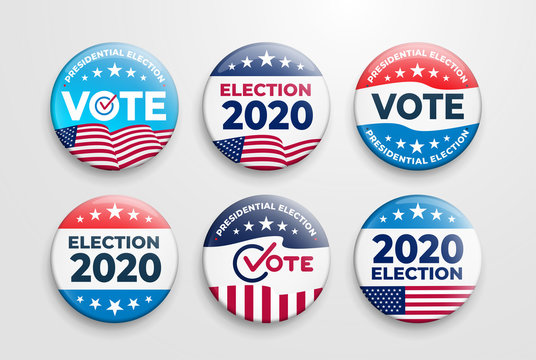 Set of 2020 United States of America presidential election button design. Voting 2020 Icon. Government, and patriotic symbolism and colors. Label vector illustration. Isolated on white background.