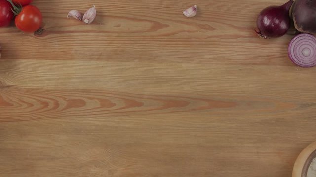Vegetables table top background ingredients space for text tomatoes garlic onion