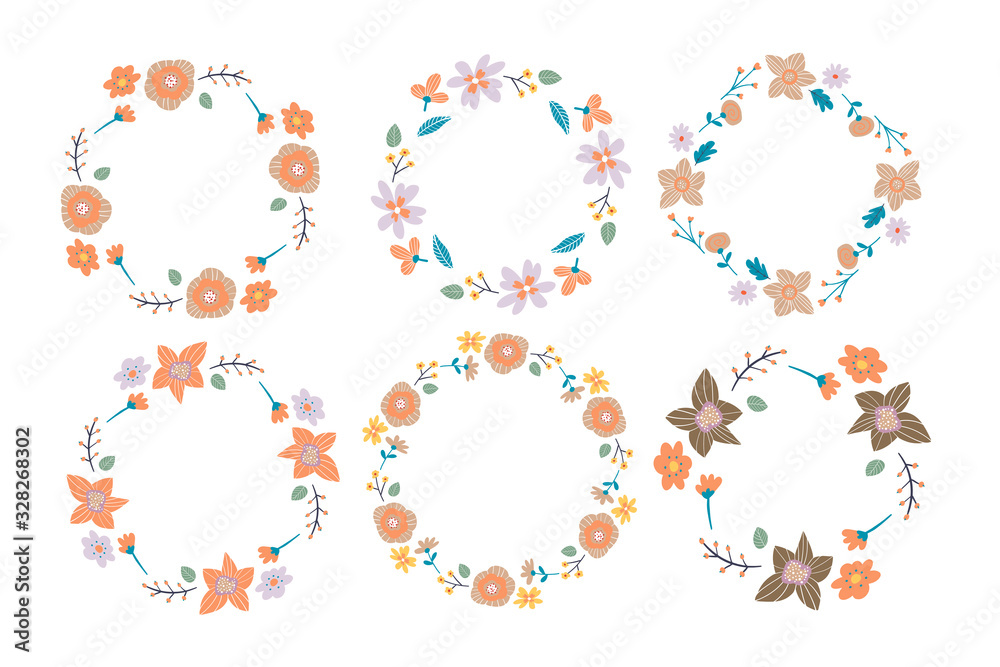 Sticker Floral Frame Collection. Set of cute retro flowers arranged un a shape of the wreath perfect for wedding invitations and birthday cards