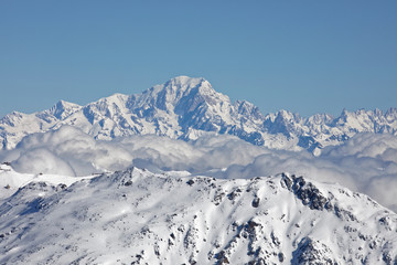 Val Thorens, France - February 18, 2020: Winter Alps landscape from ski resort Val Thorens. Mont Blanc is the highest mountain in the Alps and the highest in Europe