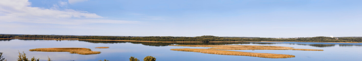 Beautiful panoramic view of the lake on a summer day. Banner. Belarus. Braslav lakes.