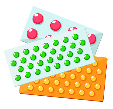 Vector Illustration Color Pills Blister. Tablet Strip Icon. Round Pills In A Blister Pack