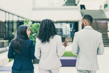Obraz premium Multiethnic business group chatting on their way to office. Rear view of business man and women walking through hallway, talking and gesturing. Business team concept
