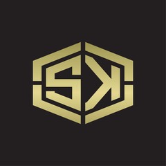 SK Logo monogram with hexagon shape and piece line rounded design tamplate on gold colors
